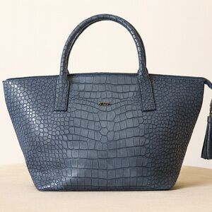 Laurel Blue Croc Embossed Leather Shoulder Bag Tassel Accent